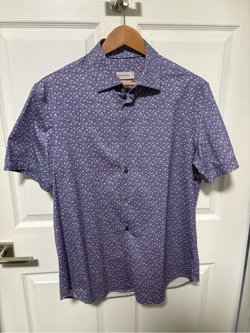 Bugatchi Short-Sleeve Button-Down Shirt in Purple with Pink Floral Print